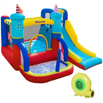 Set castel gonflabil cu pompa de aer, Outsunny, 265 x 260 x 200 cm, 4 in 1, 450 W, Multicolor