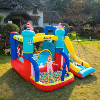 Set castel gonflabil cu pompa de aer, Outsunny, 265 x 260 x 200 cm, 4 in 1, 450 W, Multicolor