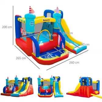 Set castel gonflabil cu pompa de aer, Outsunny, 265 x 260 x 200 cm, 4 in 1, 450 W, Multicolor