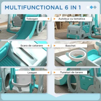 Set de jocuri pentru copii 6 in 1 cu tobogan AIYAPLAY, leagan, cerc si masina pentru copii cu volan, cadou pentru copii de la 18-48 de luni, de culoare albastru