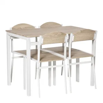 Set de Pranz Masa cu 4 Scaune in Metal si MFD, Alb si Lemn