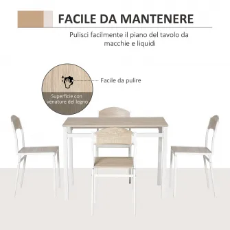 Set de Pranz Masa cu 4 Scaune in Metal si MFD, Alb si Lemn