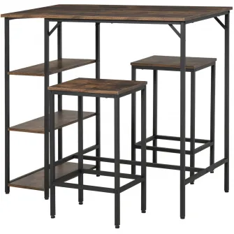 Set masa inalta cu rafturi si 2 scaune HOMCOM, Metal/PAL, 109x60x100 cm, Maro