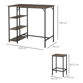 Set masa inalta cu rafturi si 2 scaune HOMCOM, Metal/PAL, 109x60x100 cm, Maro
