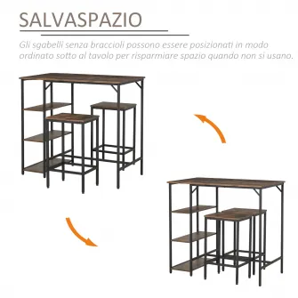 Set masa inalta cu rafturi si 2 scaune HOMCOM, Metal/PAL, 109x60x100 cm, Maro