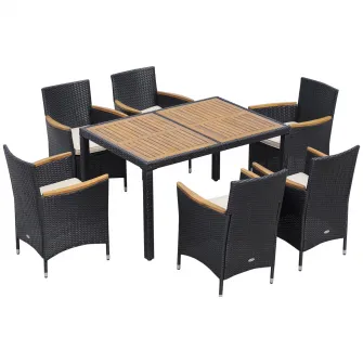 Set masa si scaune de gradina 7 piese, Outsunny, Ratan/Lemn, Negru