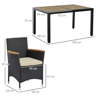 Set masa si scaune de gradina 7 piese, Outsunny, Ratan/Lemn, Negru