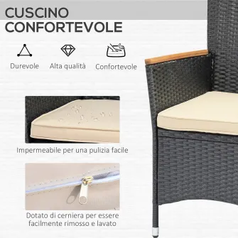Set masa si scaune de gradina 7 piese, Outsunny, Ratan/Lemn, Negru