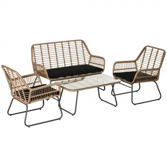 Set mobilier de gradina 4 piese, Outsunny, Ratan/Metal, Bej