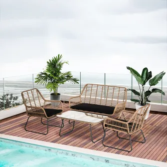 Set mobilier de gradina 4 piese, Outsunny, Ratan/Metal, Bej