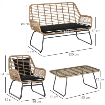 Set mobilier de gradina 4 piese, Outsunny, Ratan/Metal, Bej