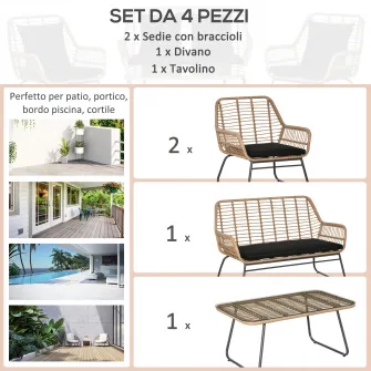 Set mobilier de gradina 4 piese, Outsunny, Ratan/Metal, Bej