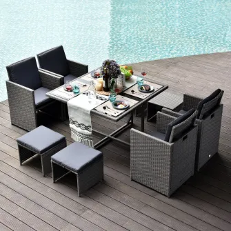 Set mobilier exterior Outsunny, 9 piese, Masa, 4 scaune, 4 suporturi pentru picioare, Ratan sintetic, Maro