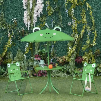 Set mobilier gradina Outsunny pentru copii, 3 piese, Masa, 2 scaune pliante, Umbrela, Verde