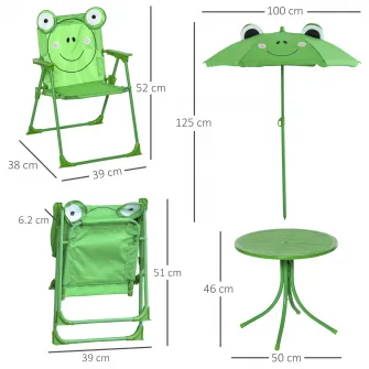 Set mobilier gradina Outsunny pentru copii, 3 piese, Masa, 2 scaune pliante, Umbrela, Verde
