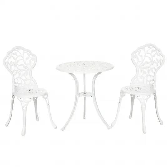 Set pentru gradina 3 bucati din aluminiu alb cu design floral, 2 scaune pentru exterior 45x42x85.5 cm si masa rotunda Ø61x66.5 cm