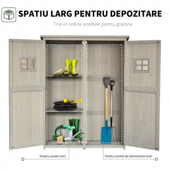 Sopron de Gradina din Lemn de Brad Outsunny cu Usa Dubla, Magazie Scule cu Polite si Ferestre, 127,5x50x164cm