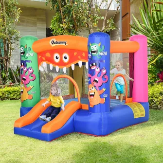 Spatiu de joaca pentru copii 3-8 ani, Trambulina, cu tobogan si cerc, Outsunny, 250cmx180cmx175cm