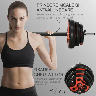 SPORTNOW Set de bare si placi de greutati de 20 kg cu maner antiderapant din PU, Ø17x140 cm, negru si rosu