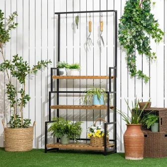 Suport de flori cu 3 niveluri cu carlige din lemn de brad si metal pentru interior si exterior, 80x36x174 cm, culoare negru si lemn