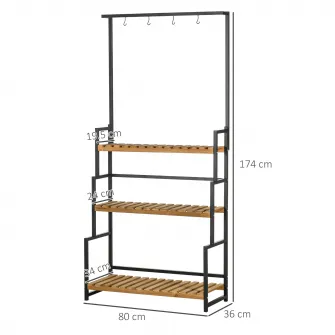 Suport de flori cu 3 niveluri cu carlige din lemn de brad si metal pentru interior si exterior, 80x36x174 cm, culoare negru si lemn