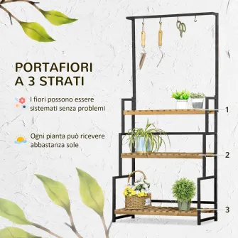 Suport de flori cu 3 niveluri cu carlige din lemn de brad si metal pentru interior si exterior, 80x36x174 cm, culoare negru si lemn