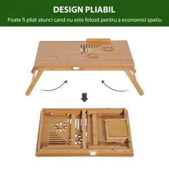 Suport laptop, pentru pat, 55x35x22-30cm Lemn HOMCOM