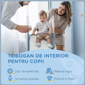 Tobogan pentru copii, 18-36 luni din PE si PP, cu tema spatiala si trepte antiderapante, 157x46.5x80 cm