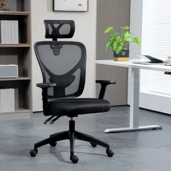 Vinsetto Scaun de Birou cu Inaltime Reglabila si Pivotant, Scaun Ergonomic cu Suport Lombar si Tetiera, 66x61x106-116cm Negru