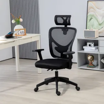 Vinsetto Scaun de Birou cu Inaltime Reglabila si Pivotant, Scaun Ergonomic cu Suport Lombar si Tetiera, 66x61x106-116cm Negru