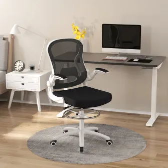 Vinsetto Scaun ergonomic de lucru, Scaun inalt pentru birou din plasa pentru birou pentru stat in picioare, cu cotiere rabatabile, suport lombar, inaltimea sezutului reglabile, negru