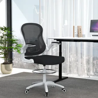Vinsetto Scaun ergonomic de lucru, Scaun inalt pentru birou din plasa pentru birou pentru stat in picioare, cu cotiere rabatabile, suport lombar, inaltimea sezutului reglabile, negru