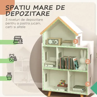 ZONEKIZ Dulap Organizator de Depozitare a Jucariilor, Raft de Carti pentru Copii cu 3 Nivele pentru Camera de joaca, Camera Copiilor, Cresa, Gradinita, Alb.