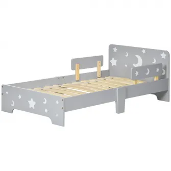 ZONEKIZ Pat pentru copii 3-6 ani cu stele si luna din MDF si PAL, 143x76x49 cm, culoare gri si lemn