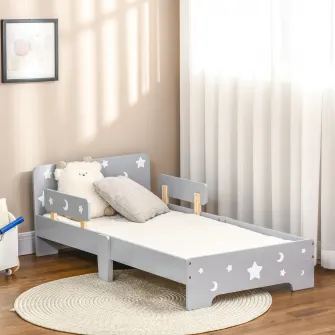ZONEKIZ Pat pentru copii 3-6 ani cu stele si luna din MDF si PAL, 143x76x49 cm, culoare gri si lemn