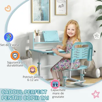 ZONEKIZ Set Birou si Scaun pentru Copii Reglabil in Inaltime,Birou de Studiu pentru Copii pentru Scoala cu Sertar, Raft pentru Carti,Masa cu Unghi Reglabil,pentru Varste intre 6-12 ani - Albastru