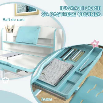 ZONEKIZ Set Birou si Scaun pentru Copii Reglabil in Inaltime,Birou de Studiu pentru Copii pentru Scoala cu Sertar, Raft pentru Carti,Masa cu Unghi Reglabil,pentru Varste intre 6-12 ani - Albastru