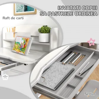 ZONEKIZ Set Birou si Scaun pentru Copii Reglabil in Inaltime, Birou de Studiu pentru Copii pentru Scoala, cu Sertar, Raft pentru Carti, Masa cu Unghi Reglabil, pentru Varste intre 6-12 ani - Gri