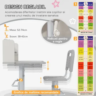 ZONEKIZ Set Birou si Scaun pentru Copii Reglabil in Inaltime, Birou de Studiu pentru Copii pentru Scoala, cu Sertar, Raft pentru Carti, Masa cu Unghi Reglabil, pentru Varste intre 6-12 ani - Gri