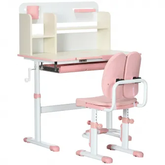 ZONEKIZ Set de birou si scaun cu inaltime reglabila Birou de scriere pentru copii masa de studiu pentru scoala cu raft, sertar, suport pentru stilouri, roz