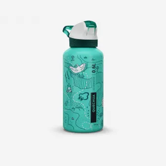 Decathlon Bidon aluminiu 500, capac instantaneu,cu pipeta si pai Drumetie 0,6L Verde Copii, Marime unica