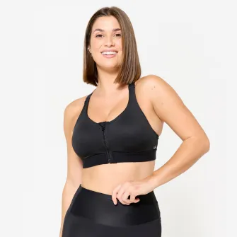 Decathlon Bustiera cu fermoar si bureti Fitness cardio sustinere mare Negru Dama, L