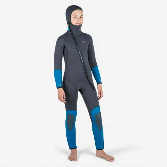 Decathlon Combinezon scufundari neopren 5,5mm - SCD 500 Gri si Albastru Copii, 10 Ani