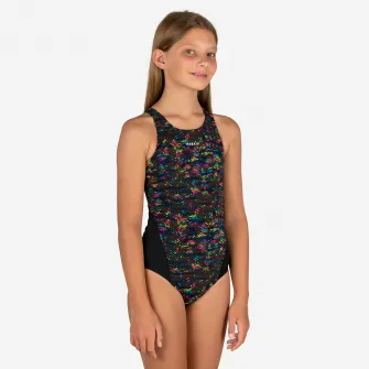 Decathlon Costum intreg inot 500 Kamiye negru galben Fete, 8-9 Ani