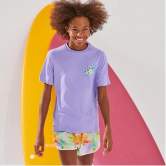 Decathlon Tricou anti-UV surf 100 Ibiscus Mov Copii, 8-9 Ani