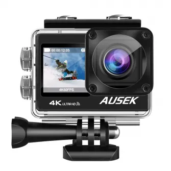 AUSEK WiFi action camera with dual color screen, 16MP, 4k/30fps, 900mAh, Black