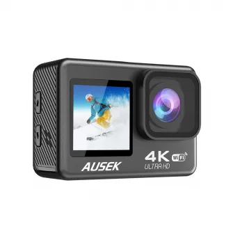 AUSEK WiFi action camera with dual color screen, 16MP, 4k/30fps, 900mAh, Black