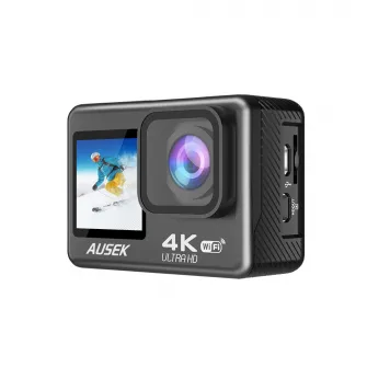 AUSEK WiFi action camera with dual color screen, 16MP, 4k/30fps, 900mAh, Black