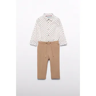 Abel & Lula, Set de camasa si pantaloni de trening, Rosu, Alb, Maro camel, 75 CM
