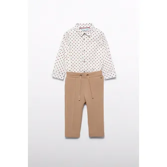 Abel & Lula, Set de camasa si pantaloni de trening, Rosu, Alb, Maro camel, 98 CM